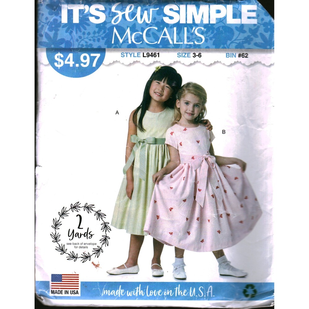 McCalls L9461 Kids Dress Sewing Pattern Size 3-6 It's Sew Simple Lined Sash
